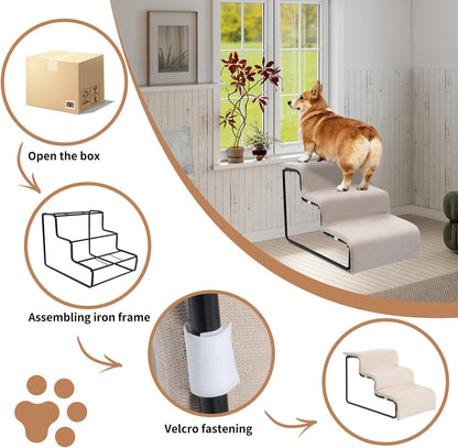 Stairs for Dogs to get on Bed 3-Step Pet Ramp for High Beds Sponge Dog Ramp Non-Slip Washable Cover The Sturdy Iron Frame with Anti-Slip Points Ideal for Small Dogs Cats Senior Pets with Joint Issues