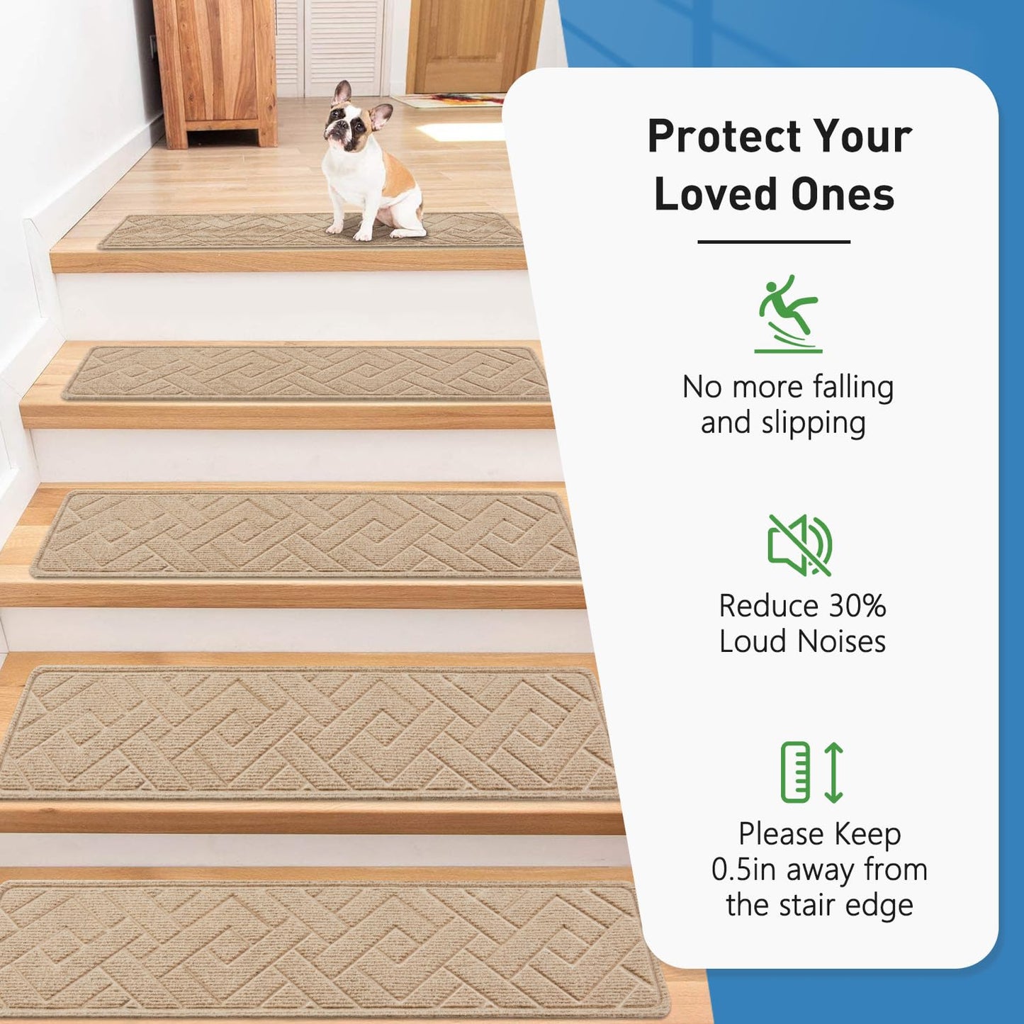 Non Slip Stair Treads for Wooden Steps,15 Pack 8" X 30" Stairs Carpet Treads Indoor with Reusable Peel and Stick Adhesive for Kids Elders and Pets