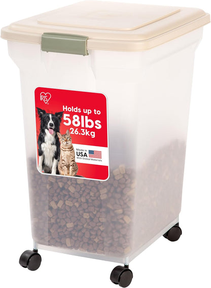 IRIS USA Airtight Dog Food Storage Container, WeatherPro, Up to 40 lbs, Removable Wheels, for Dog Cat Bird and Other Pet Food Storage Bin, Keep Fresh, Translucent Body, Made in USA, Smoke/Black