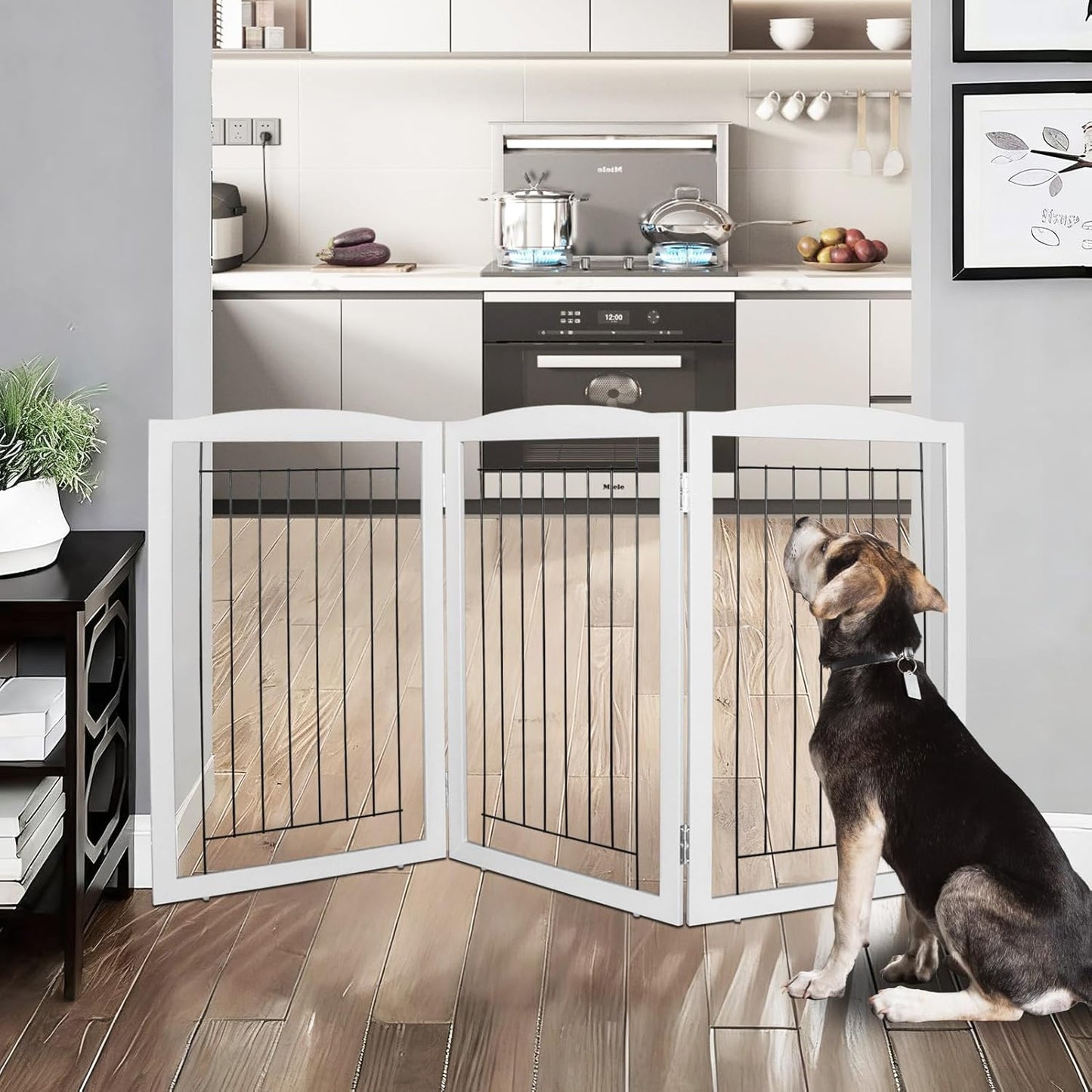 ZJSF Freestanding Foldable Dog Gate for House Extra Wide Wooden White Indoor Puppy Gate Stairs Doorways Pet Gate Tall Dog Fence 3 Panels Fence