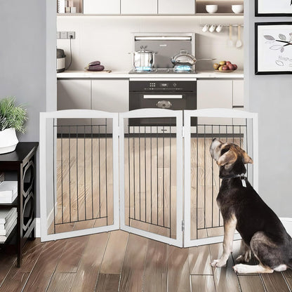 ZJSF Freestanding Foldable Dog Gate for House Extra Wide Wooden White Indoor Puppy Gate Stairs Doorways Pet Gate Tall Dog Fence 3 Panels Fence