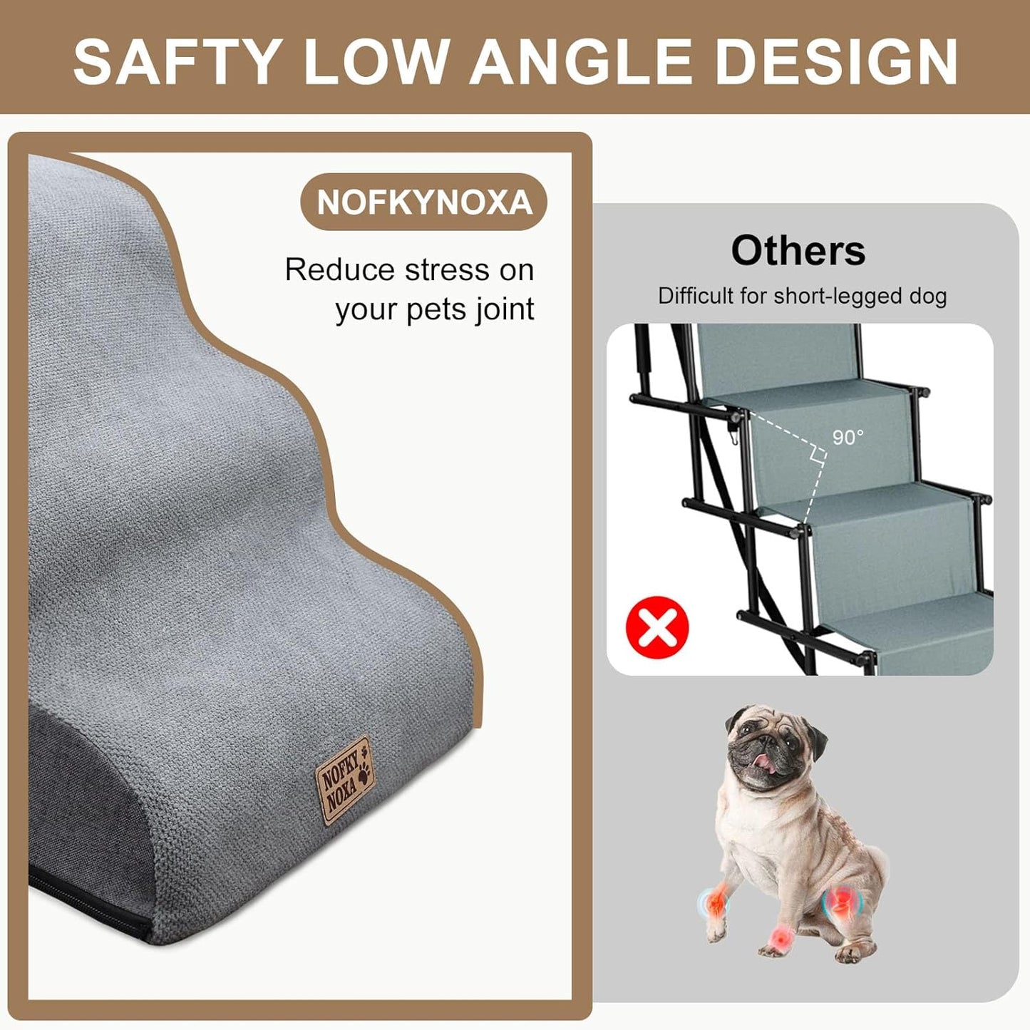 4-Step Dog Stairs for Small Dogs & Cats, 13.8" H Non-Slip Pet Steps with Side Storage Pocket, Sturdy High Density Foam Dog Ramp for Sofa, Couch & Chair, Washable Cover, Grey