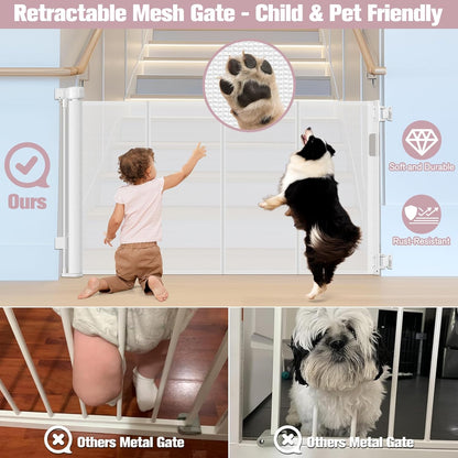 Reinforced 56" Wide Retractable Baby Gates for Doorways with Support Rods - Prevent Crawling Under Retractable Gate, Mesh Pet Gate for Stairs Retractable Dog Gates for The House Indoor/Outdoor, Black