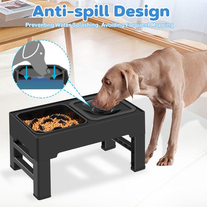 2-in-1 Elevated Slow Feeder Dog Bowls, 4 Height Adjustable Raised Dog Bowls Stand with No Spill Water Bowl, Non-Skid Pet Food Feeding Set for Small, Medium, Large Dogs Cats