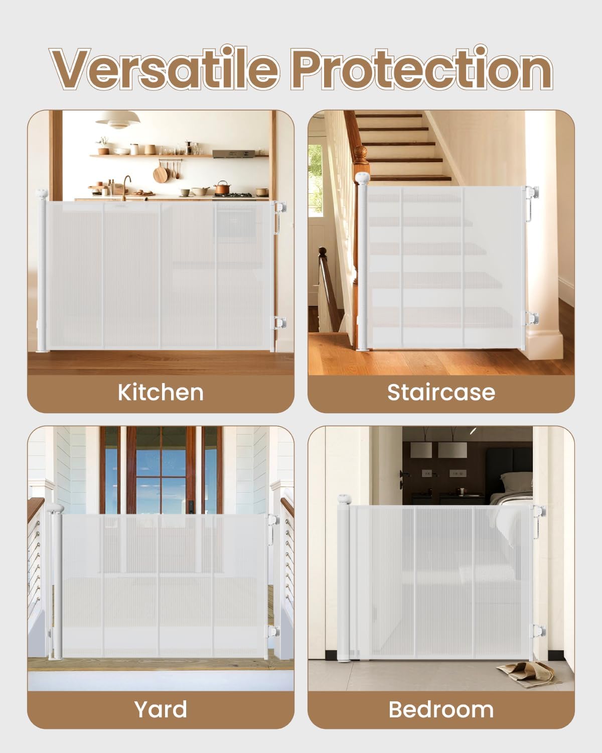 Retractable Baby Gate, 55" Wide Mesh Gate with 4 Reinforced Rods, Prevents Kids & Dogs from Crawling Under, 34" Tall Easy-to-Use Pet Gate for Stairs, Bedrooms, Hallways, Indoor/Outdoor, White