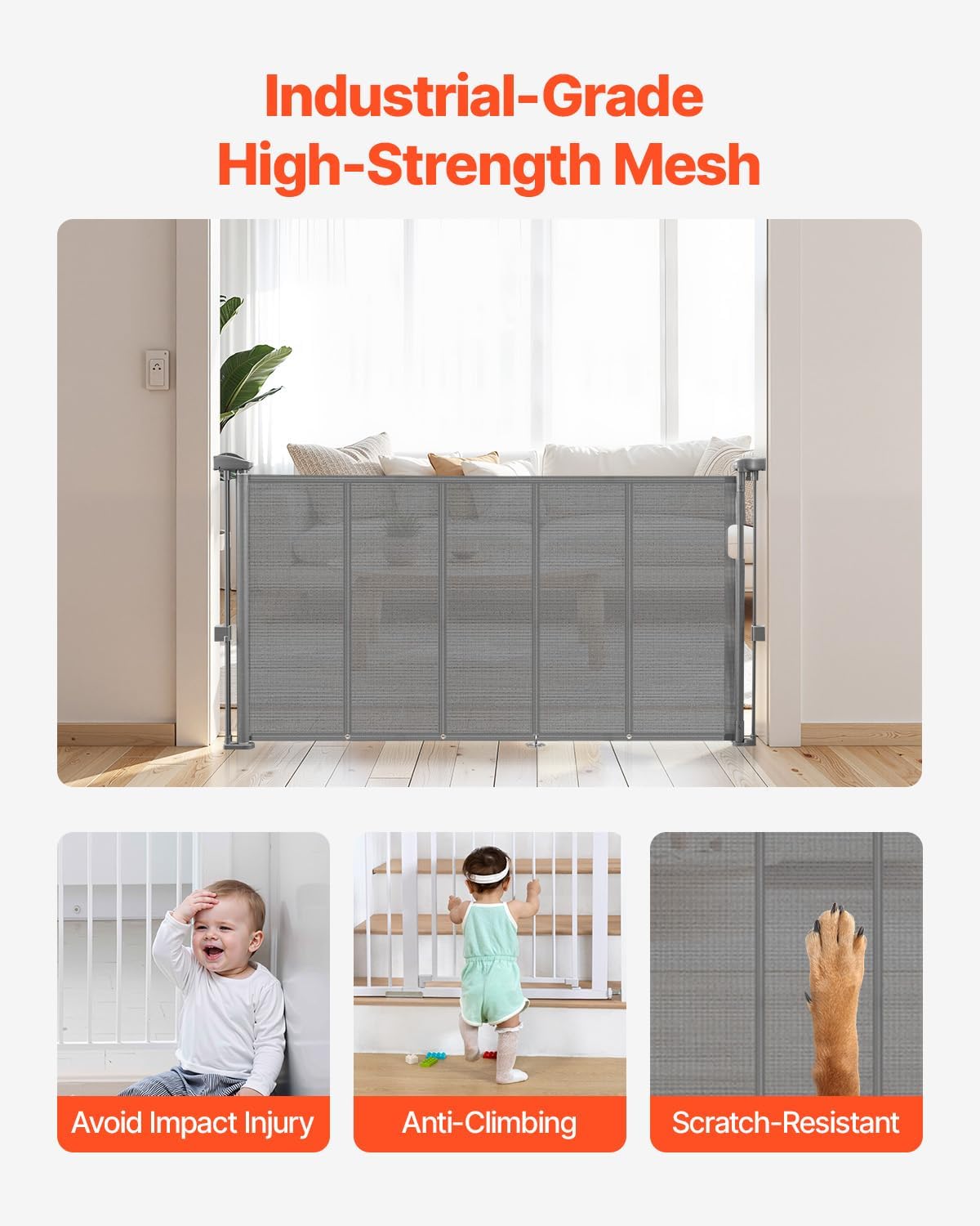 VEVOR Retractable Baby Gate, 34 inch Tall, Extends up to 110 inch Wide, Retractable Gate for Kids or Pets, Mesh Material, Easy to Install for Indoor Stairs, Doorways, Hallways, Playrooms, Gray