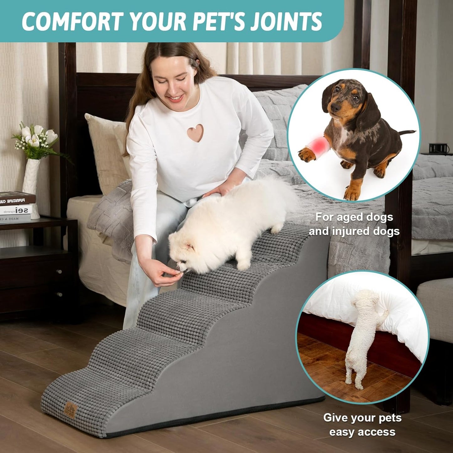 COZY KISS Dog Stairs for Small Dogs 15.7" H, Curved Dog Step for Puppy, Older Cat, Medium Pet Ramp for Sofa, Couch or Chair, Ladder with High Density Foam, 3 Step, 15.7x22.4x15.7 inch, Beige