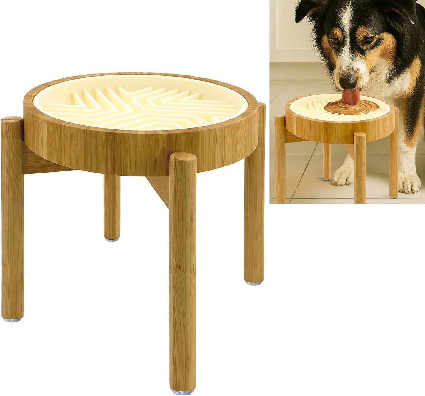 Elevated Slow Feeder Dog Bowls Large Breed - (12-inch-high) - Raised Bowl with Anti-Choking Insert - Stainless Metal and Bamboo