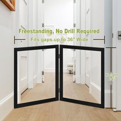 LZRS Clear Dog Gate for Indoor Use - Transparent Pet Fence with Solid Hardwood and Plastic Board, Stylish & Durable freestanding Pet Gate for Doorways, Stairs and Hallways-2 Panel Cherry