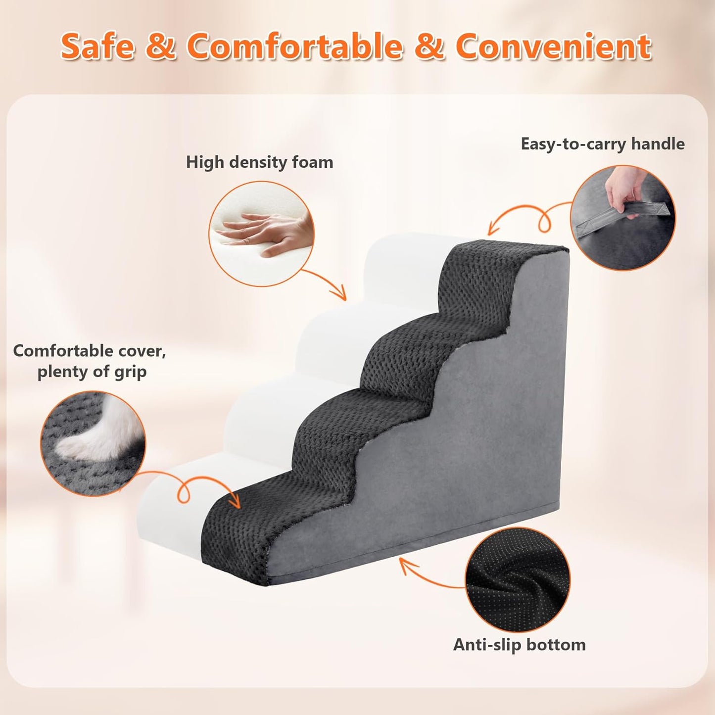 Dog Stairs Ramp, Curved 3-Step Dog Steps for Small Dogs and Cats, Pet Stairs for High Beds and Couch with Anti-Slip Washable Cover and Durable High Density Foam, Dark Grey
