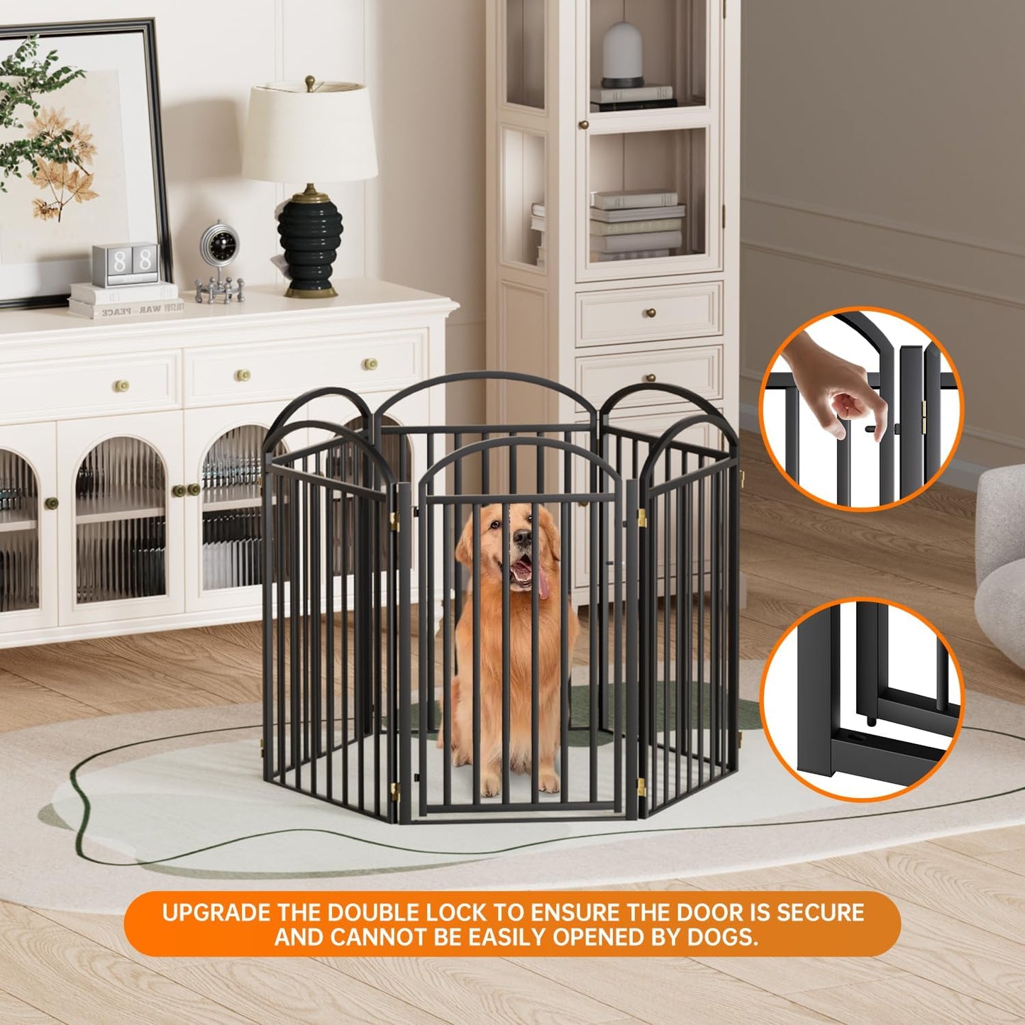 SNUOWU 4 Panels Full Matel Freestanding Dog Gates with Door, 96"Extra Wide 32"Tall Free Standing Dog Pet Gate for Indoor & Outdoor. Foldable Pet Fences for Doorways, House, Stairs, Porch, Deck, Yard