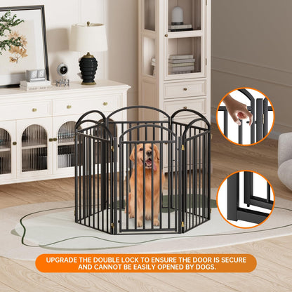 SNUOWU 4 Panels Full Matel Freestanding Dog Gates with Door, 96"Extra Wide 32"Tall Free Standing Dog Pet Gate for Indoor & Outdoor. Foldable Pet Fences for Doorways, House, Stairs, Porch, Deck, Yard