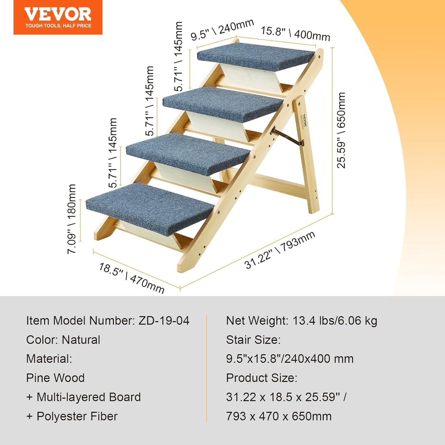 VEVOR Wood Pet Stairs, 2-Step Dog Stairs for Beds, Sofa & Cars, 110lbs Load Capacity, Floded Flat Design, Stable & Sturdy Cat & Dog Step Ladder for Small Medium Large Older Pet Puppy Essentials