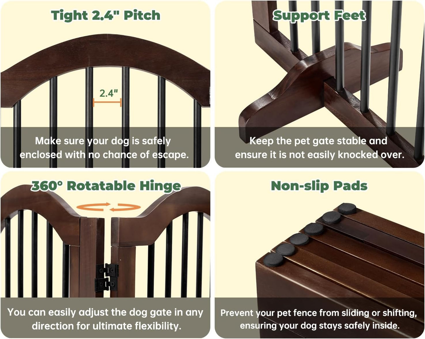 PrimeZone 144" Extra Wide Dog Gate - 36" Tall 6-Panel Solid Acacia Wooden Freestanding Puppy Gates with Door, Foldable Indoor Pet Fence for Doorways, Stairs, Support Feet Included, Brown