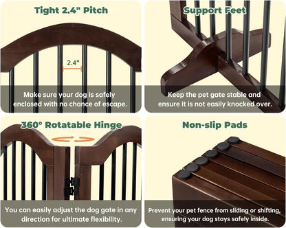 PrimeZone 144" Extra Wide Dog Gate - 36" Tall 6-Panel Solid Acacia Wooden Freestanding Puppy Gates with Door, Foldable Indoor Pet Fence for Doorways, Stairs, Support Feet Included, Brown