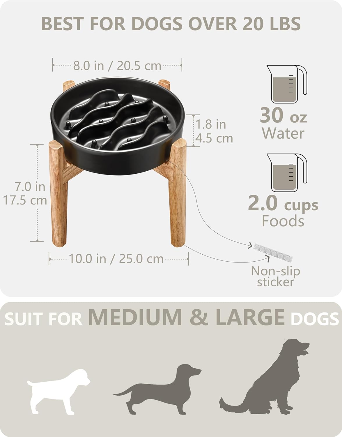Ceramic Slow Feeder Dog Bowls for Medium and Large Dogs, 2.0 Cups Dog Slow Feeder for Fast Eater, 30oz, 8in, White