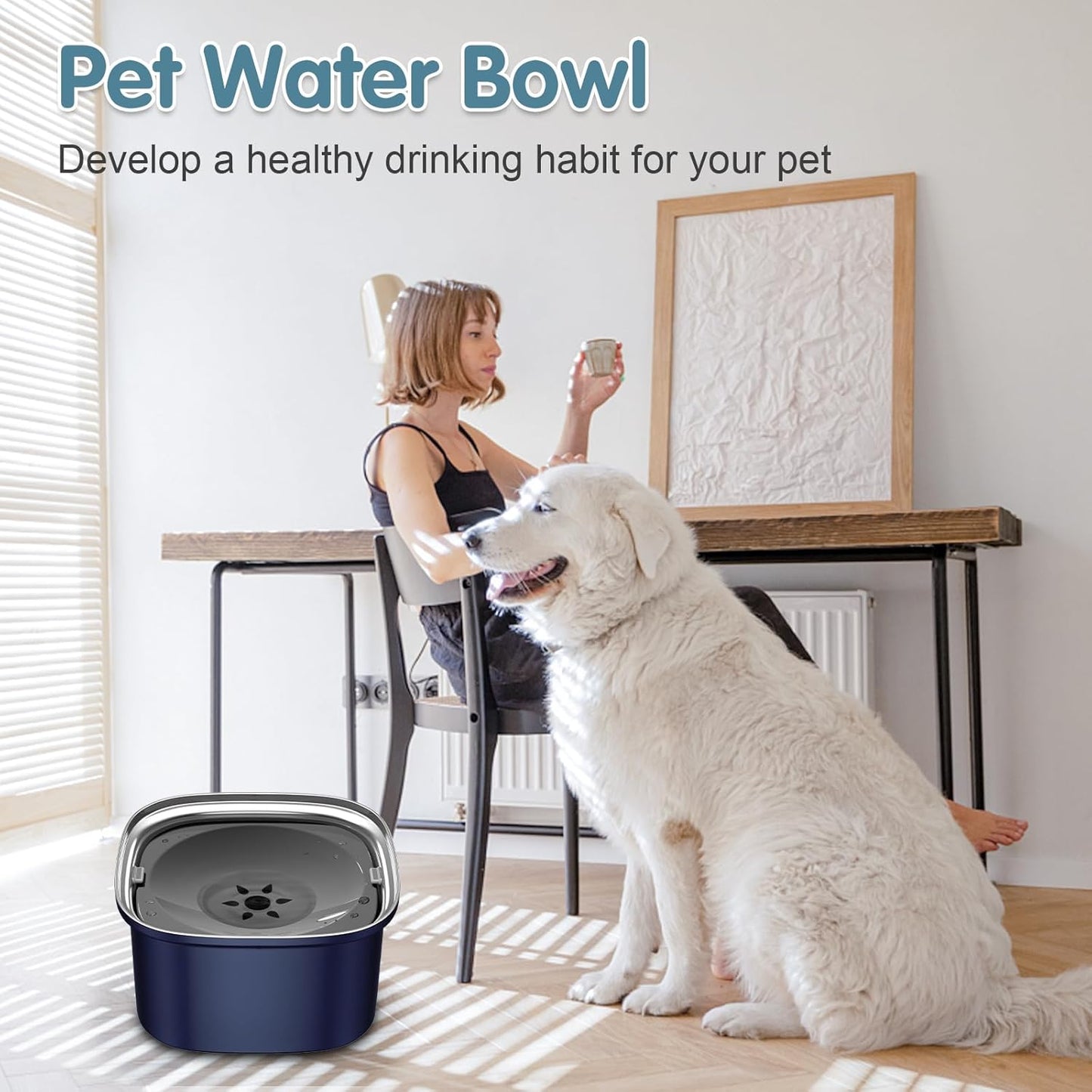 UPSKY 3L Dog Water Bowl 101oz Stainless Steel No Spill Large Capacity Dog Food Water Bowl Slow Water Feeder, Spill Proof Pet Water Dispenser Vehicle Carried Travel Water Bowl