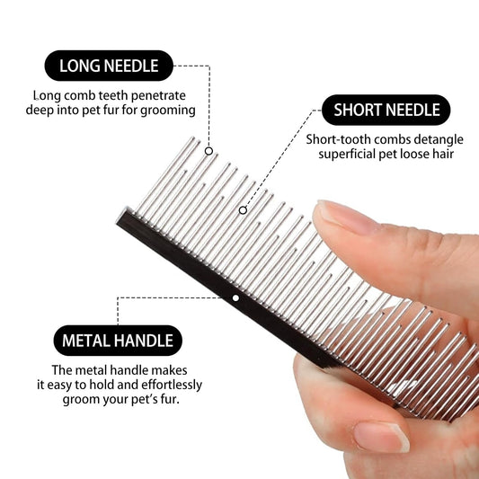 Professional Pet Stainless Steel Comb Long&Short Tooth Dog Dematting Com Flea Comb Pet Grooming Tool for Dogs and Cats Remove Loose Hair Mats Knots Tangles Dirt Fleas 6.1in/15.5cm