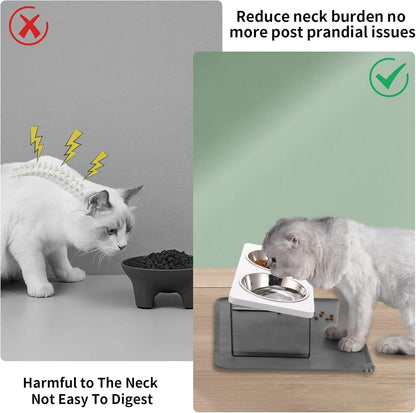 Upgraded Elevated Cat Bowls with Food Mat,15°Tilted Stand Anti Vomiting Raised Cat Dishes for Food and Water,2 Stainless Steel Bowls for Cats and Puppy