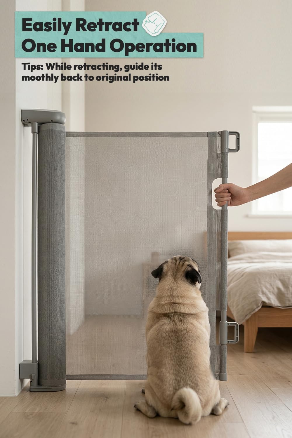 15.7" H Mesh Short Dog Gate, Extends Up to 59" W Retractable Pet Gate with Drill Installation, Small Dog Gate for Stairs, Easy Step Over Low Puppy Gate for Doorways Indoor Outdoor, Black