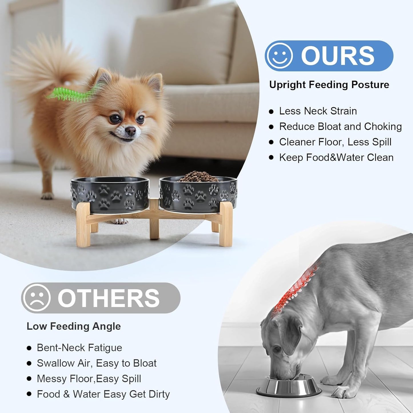 SPUNKYJUNKY Elevated Dog Bowls Ceramic, 6.1'' Dogs and Cat Food Water Bowls Raised with Non-Slip Bamboo Stand for Medium Sized Breed Microwave Dishwasher Safe - 28.7 OZ,Beige
