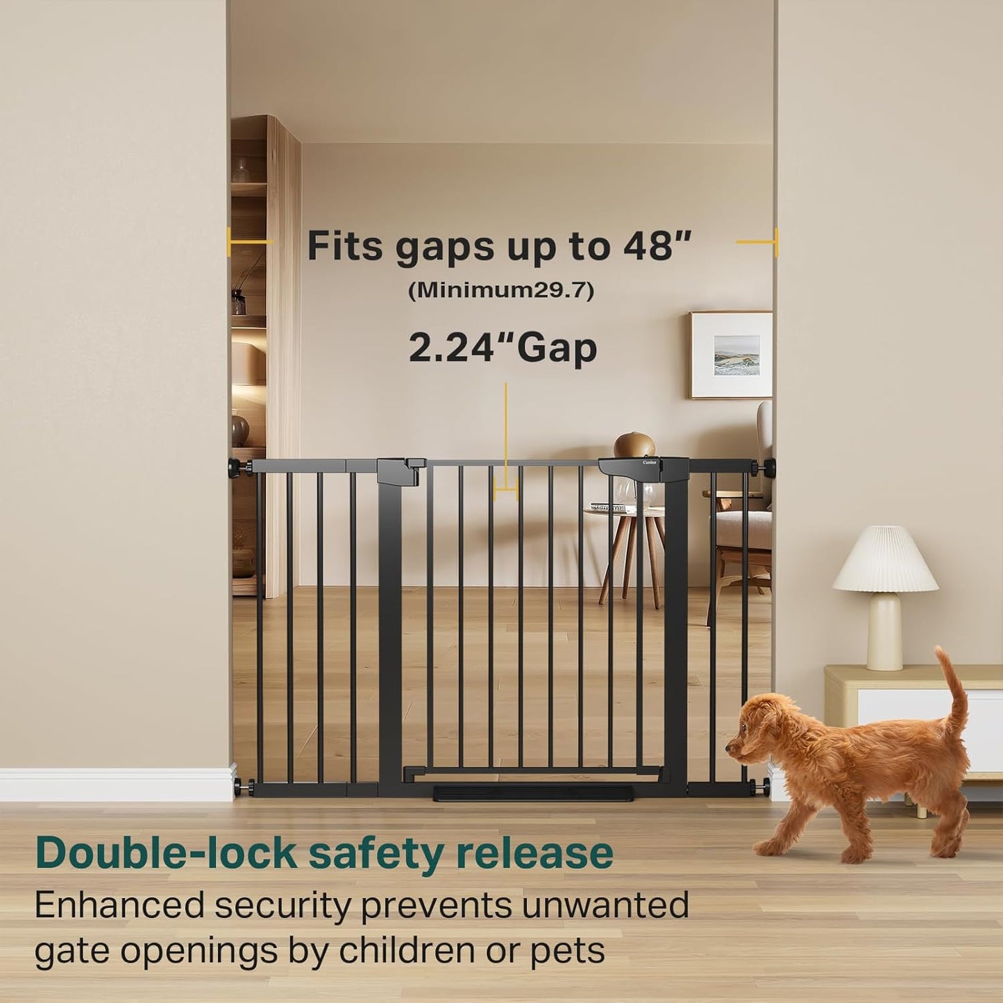Cumbor 36.6-64" Extra Wide Baby Gate for Stairs, Dog Gates for Doorways, Auto-Close Pet Gate Indoor, Pressure Mounted Walk Through Safety Child Gate for Kids Toddler, Tall Pet Puppy Fence Gate, Brown