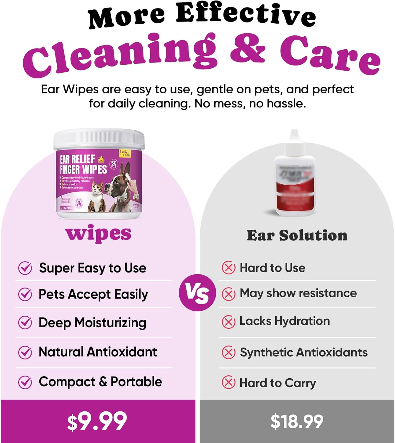No-Rinse Dog Dental Care Wipes, Cat & Dog tooth brushing kit, Dog Wipes for Pet & Cat Teeth Cleaning, Dog toothbrush Finger Dental Wipes to Remove Plaque & Tartar, Disposable Dog Wipes - 50 Count