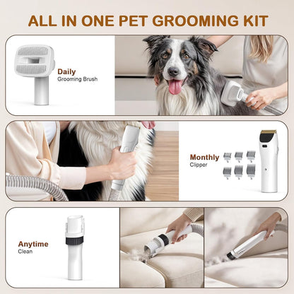 Dog Grooming Vacuum, Dog Grooming Kit with Pet Clipper Nail Grinder, 3 Suction Modes Dog Brush Vacuum with 6 Pet Grooming Tools (White)