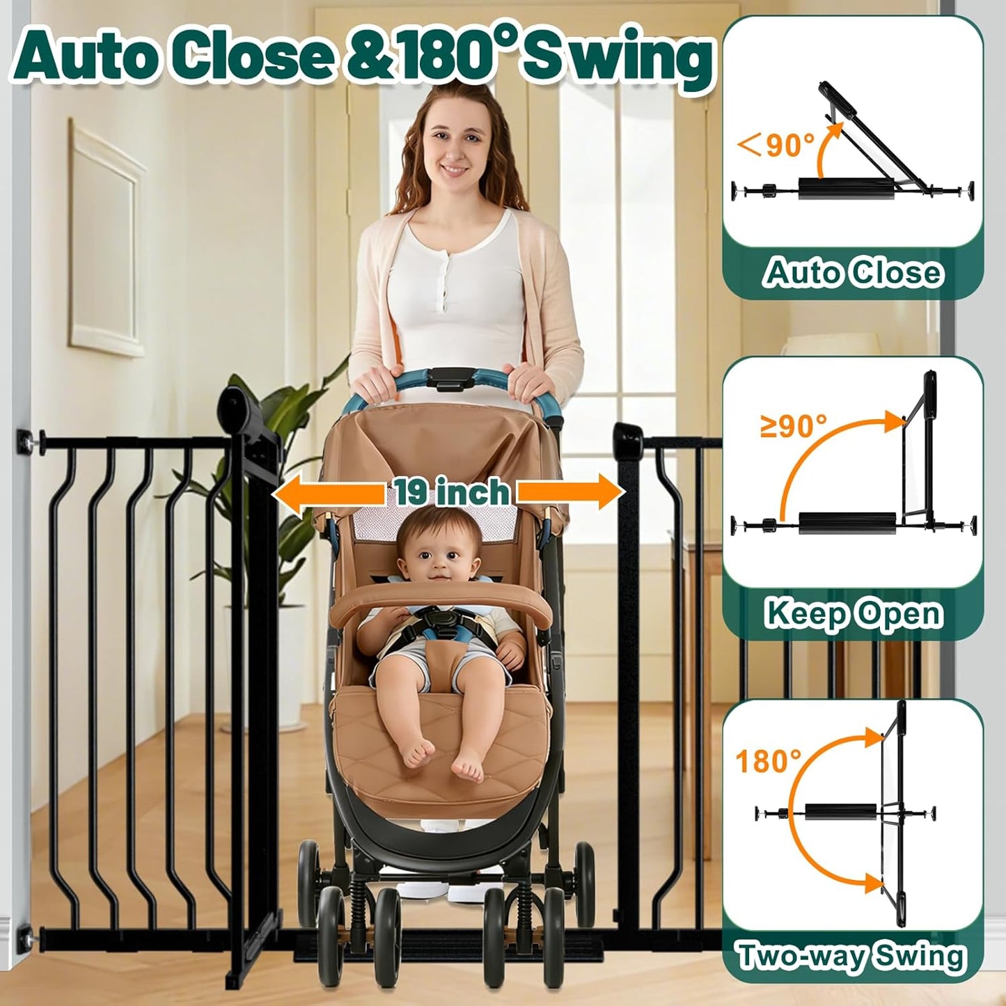 Fairy Baby Triple Lock Clear Baby Gate for Doorways, 57.6”-66.8” Extra Wide Acrylic Dog Gate for Stairs, Safety Child Gate Pressure Mounted No Drill, Auto Close Clear Pet Gate One-Hand Opening, Black