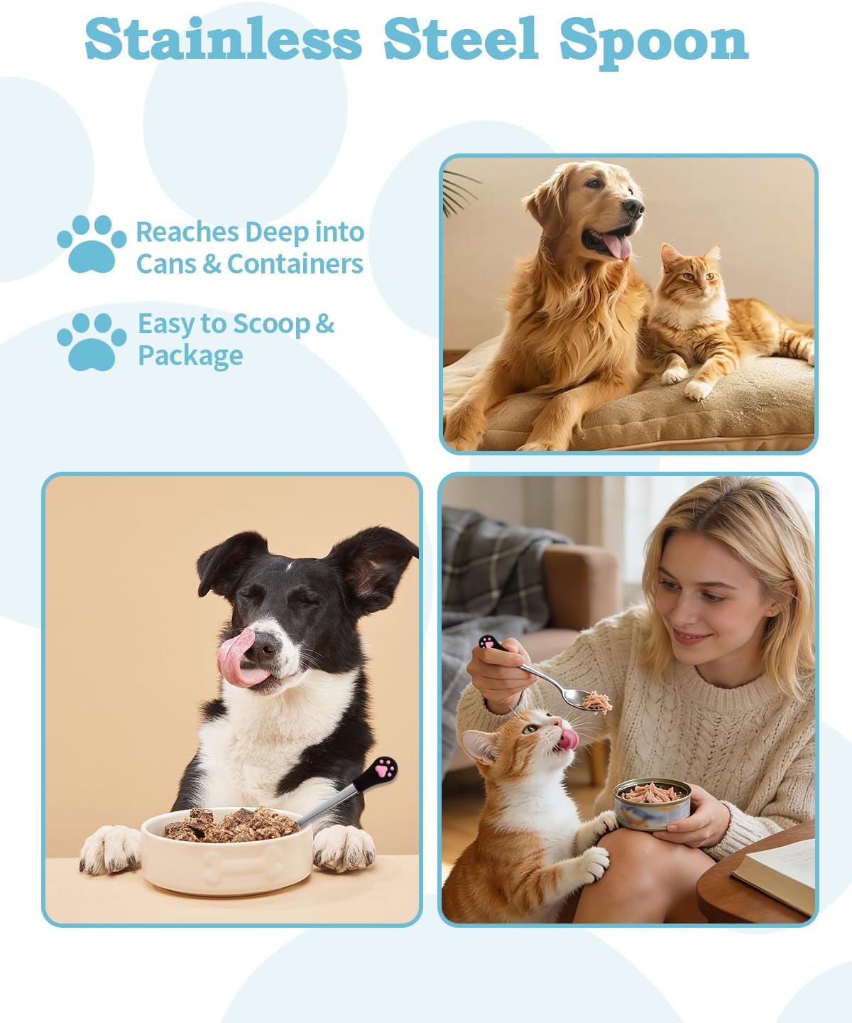 6 PCS Cat Food Can Covers Set, Reusable Silicone Can Lids with Opener, Stainless Steel Wet Food Spoon & Cat Treat Squeezer for Pet Feeding and Storage, Fits Cats & Dogs