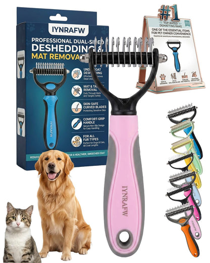 Pet Pro Grooming Tool Dual Tooth Pet Grooming Comb Undercoat Rake for Dogs Cats Long Hair Deshedding Tool Dematting Brush Double Sided Stainless Steel Teeth Remover Mats Tangles Loose Fur