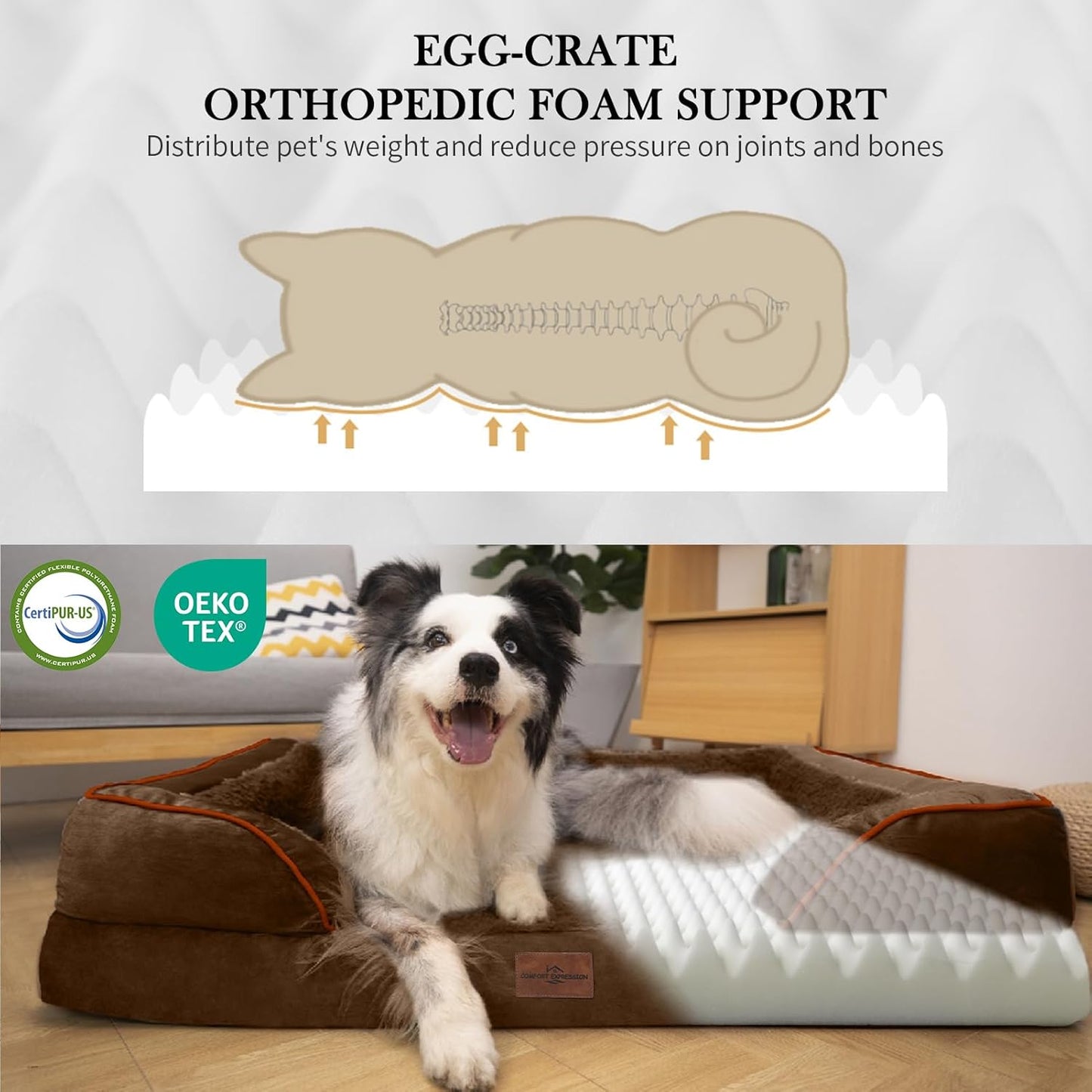 Comfort Expression Orthopedic Dog Bed for Extra Large Dogs 42x30 Inch, Waterproof Egg Crate Foam XL Pet Bed with Removable Bolsters, Dog Couch with Washable Cover & Non-Slip Bottom, Grey - Colors A