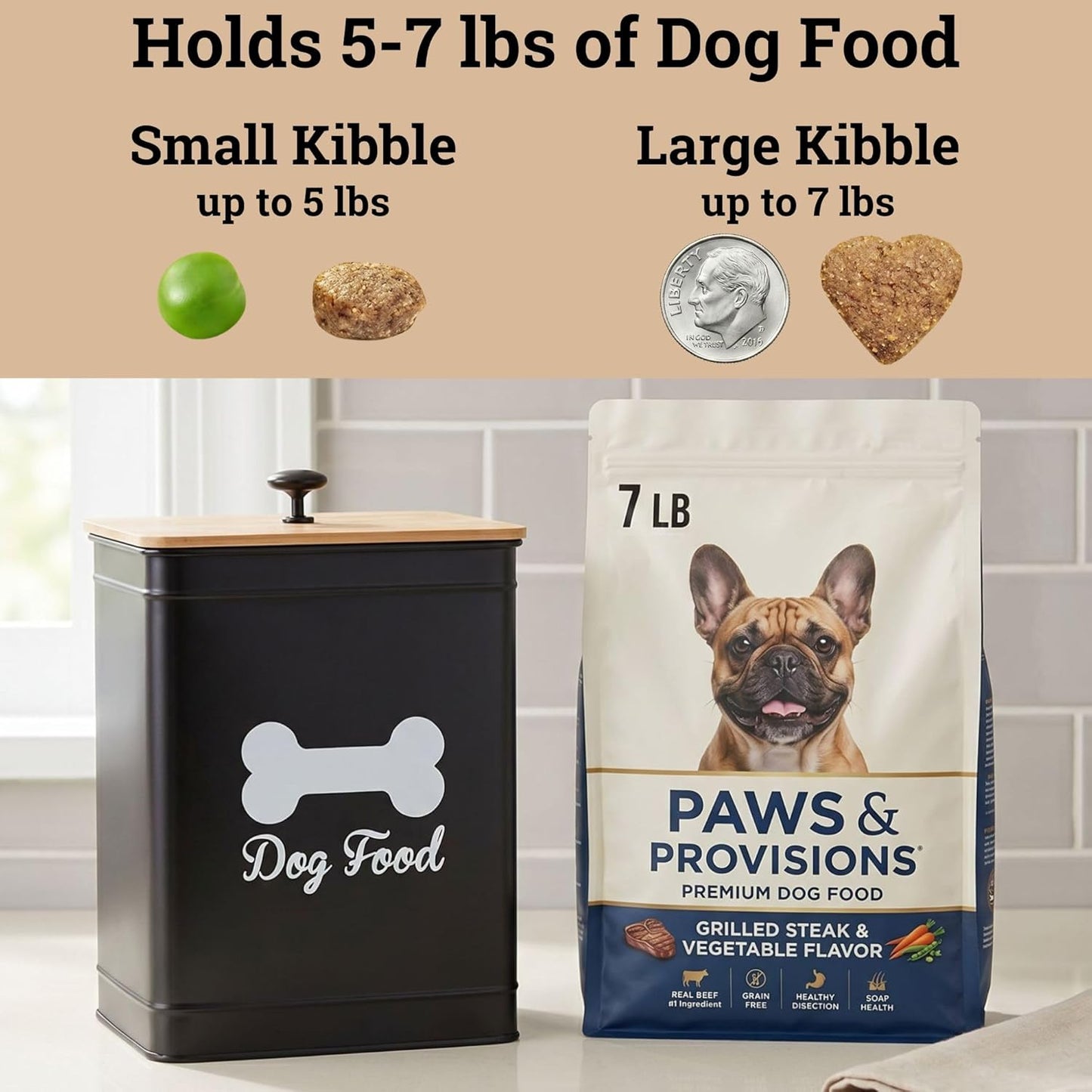 Dog Food Container Airtight 5-7 lb (25 Cup) Capacity - Cute Airtight Dog Food Storage Container with Bamboo Lid & Sturdy Metal Handle - White Metal Kibble Storage Bin for Dogs up to 50 lbs - Pet Jar