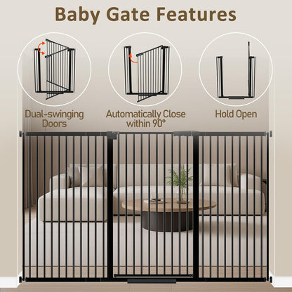 WAOWAO 40.55" Extra Tall 1.37" Ultra Narrow Spacing 53.74-61.61" Extra Wide Dogs Pets Baby Gate Safety Indoor Puppy Pressure Mounted Gate No Drill Black Metal for Stairs,Doorways,Kitchen,Hallway