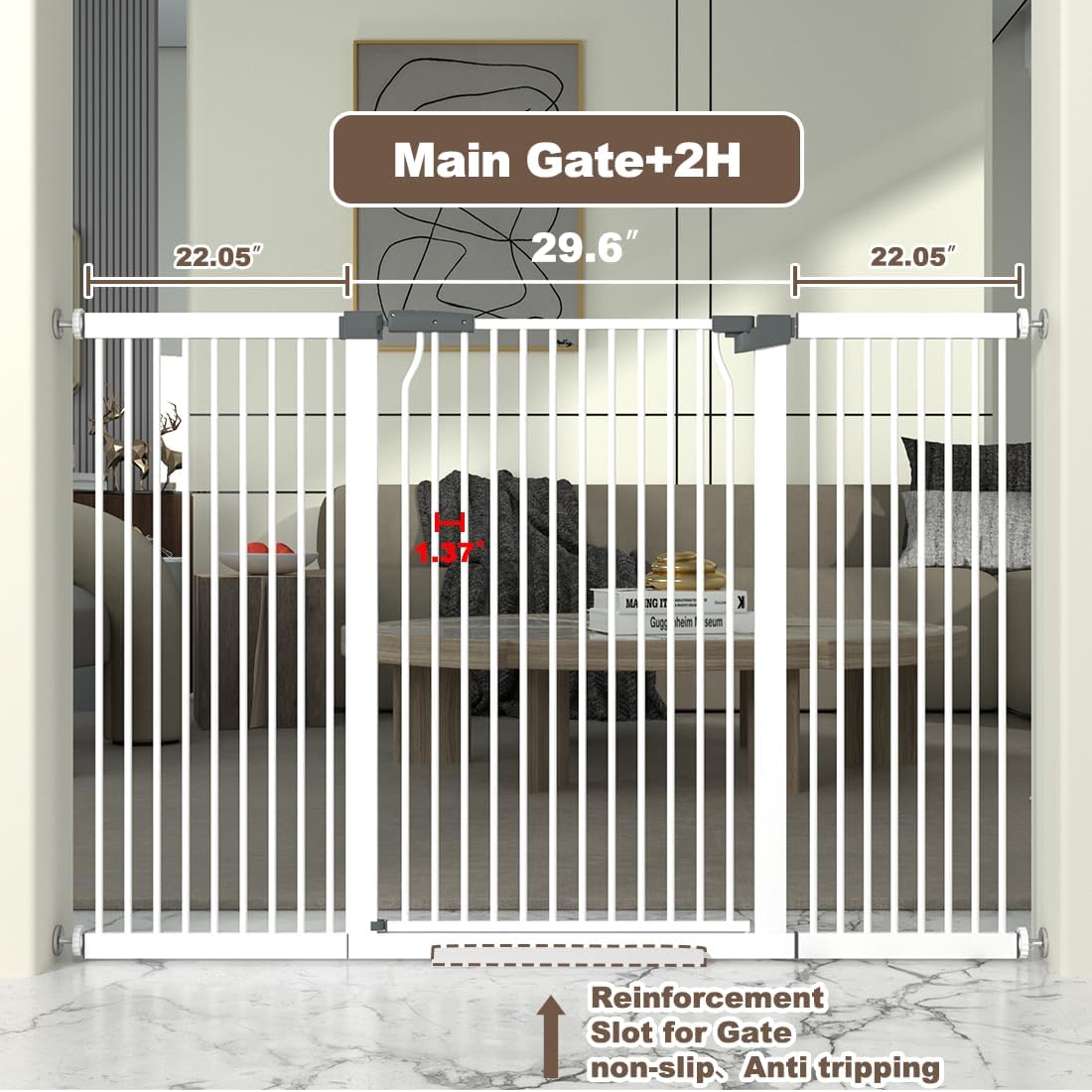41" Extra Tall Cat Gate for Doorway, 49.2-54.7 Metal Pet Baby Safe Gate, Extra Wide Pressure Mounted Child Door with Expansion Kit, No Drilling No Climb Cat Fence Indoor, Tall Dog Gate, White