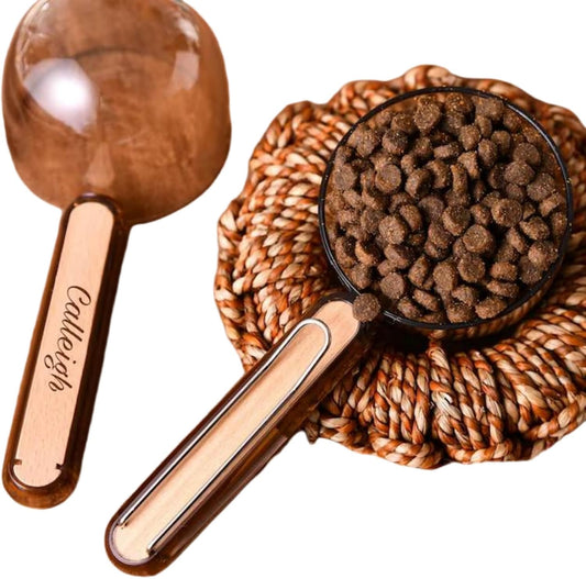 Personalized Dog & Cat Food Measuring Spoon,Engraved Pet Name Wooden Handle Scoop Sealing Clip Design