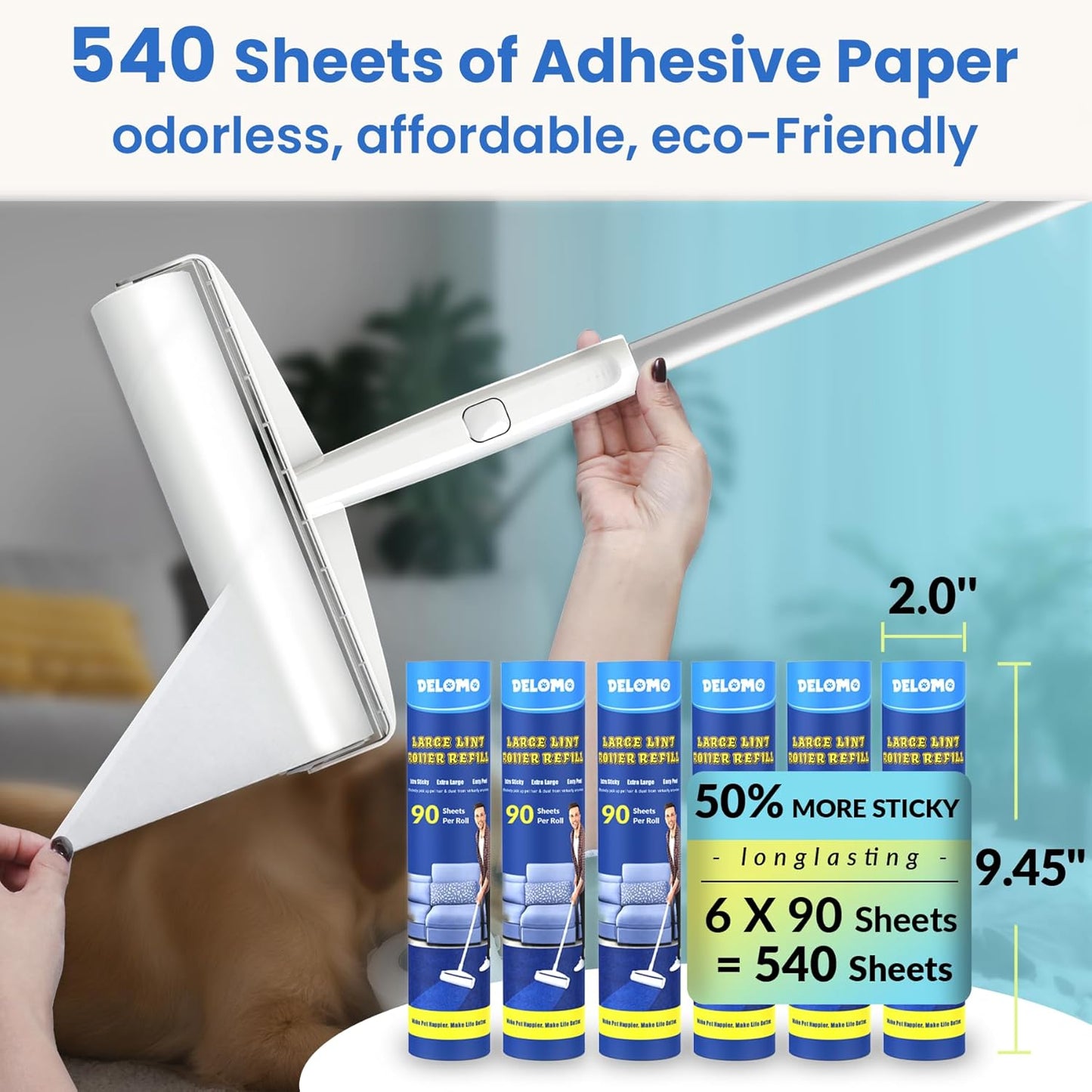 Large Lint Roller for Floors Carpet Furniture Bed – 9.45" Wide Extra Sticky Pet Hair Remover, 4 Refills 360 Sheets Value Pack, Long Handle for No-Bending Cleaning –Ideal for Dog Cat Owners Homes
