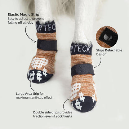 PUPTECK Anti-Slip Dog Socks with Double Sides Grips for Small Medium Large Dogs Hardwood Floors Prevents Licking, Dog Shoes for Hot Pavement Traction Control Paw Protector for Senior Dogs, Grey L