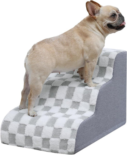 KSIIA Dog Stairs Curved Dog Steps for Bed 3-Tier Pet Stairs Supportive Pet Steps for High Beds Couch Sofa Chair with Removable Washable Cover & Non-Slip Bottom, 22" D x 16" W x 16" H, Grey