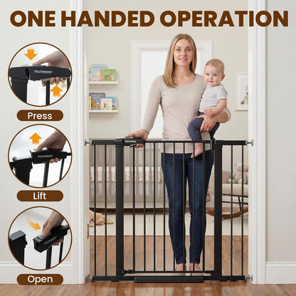 Mumeasy 29.7-46" Baby Gate for Stairs, Pressure Mounted Dog Gate for Doorways, Auto Close Walk Through Pet Gate Indoor, Extra Wide Metal Child Safety Gate, Mom's Choice Awards Winner, Black