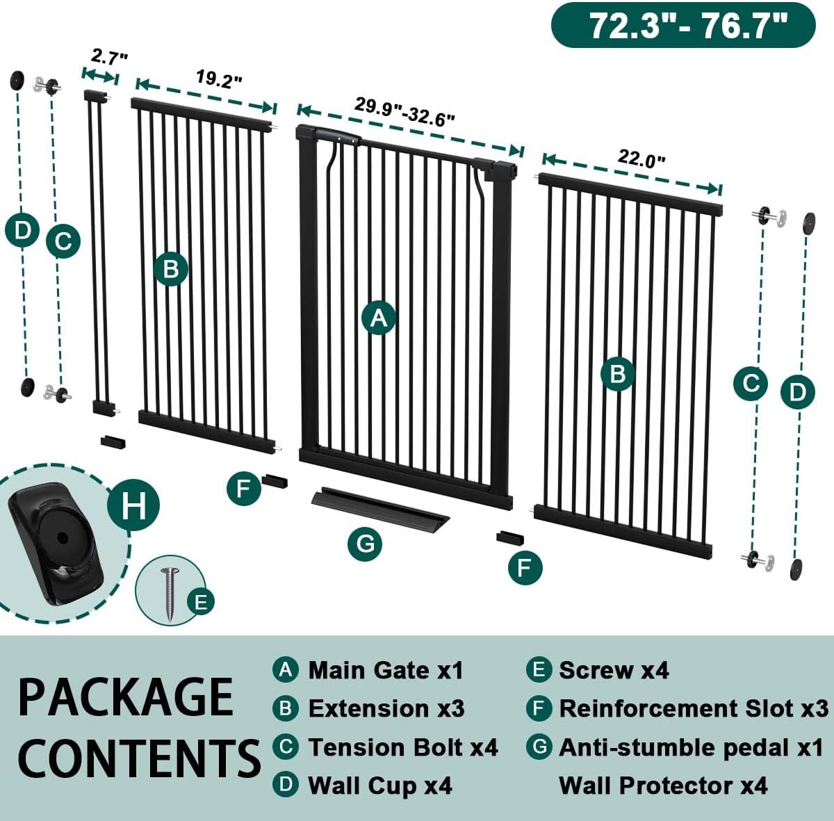 Fairy Baby 40.5" Extra Tall Baby Gate for Stairs, Fits Openings of 40.6" to 54.7" Wide, Extra Wide Dog Gate Indoor, Pressure Mounted Walk Thru Swing Auto Close Metal Puppy Barrier for Doorway, Black