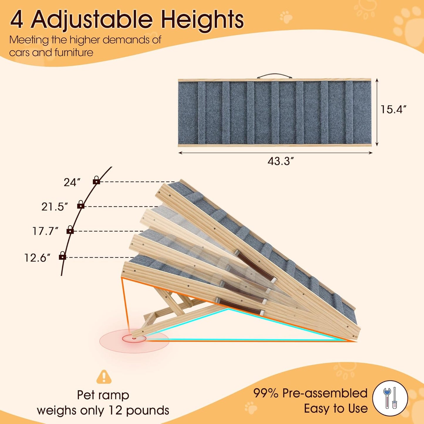 Dog Ramp for Bed, 39.4" Long Wooden Pet Ramp for Small & Large Dogs, 4 Adjustable Heights 12.2" to 22" with Anti-Slip Carpet & Carrying Handle Holds, Portable Dog ramps for Car, Bed, Couch, Outdoo