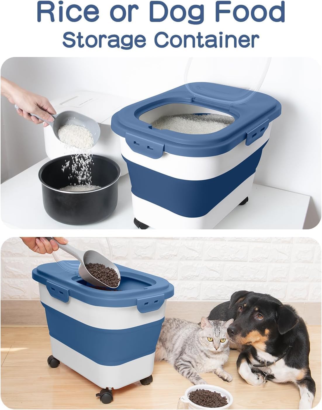 20-23 Lbs Dog Food Storage Container - Collapsible Dog Food Container with Attachable Casters and Scoop,Travel Silicone Bowl, Pet Food Storage Containers to Keep Dry Food Fresh,Easy to Move