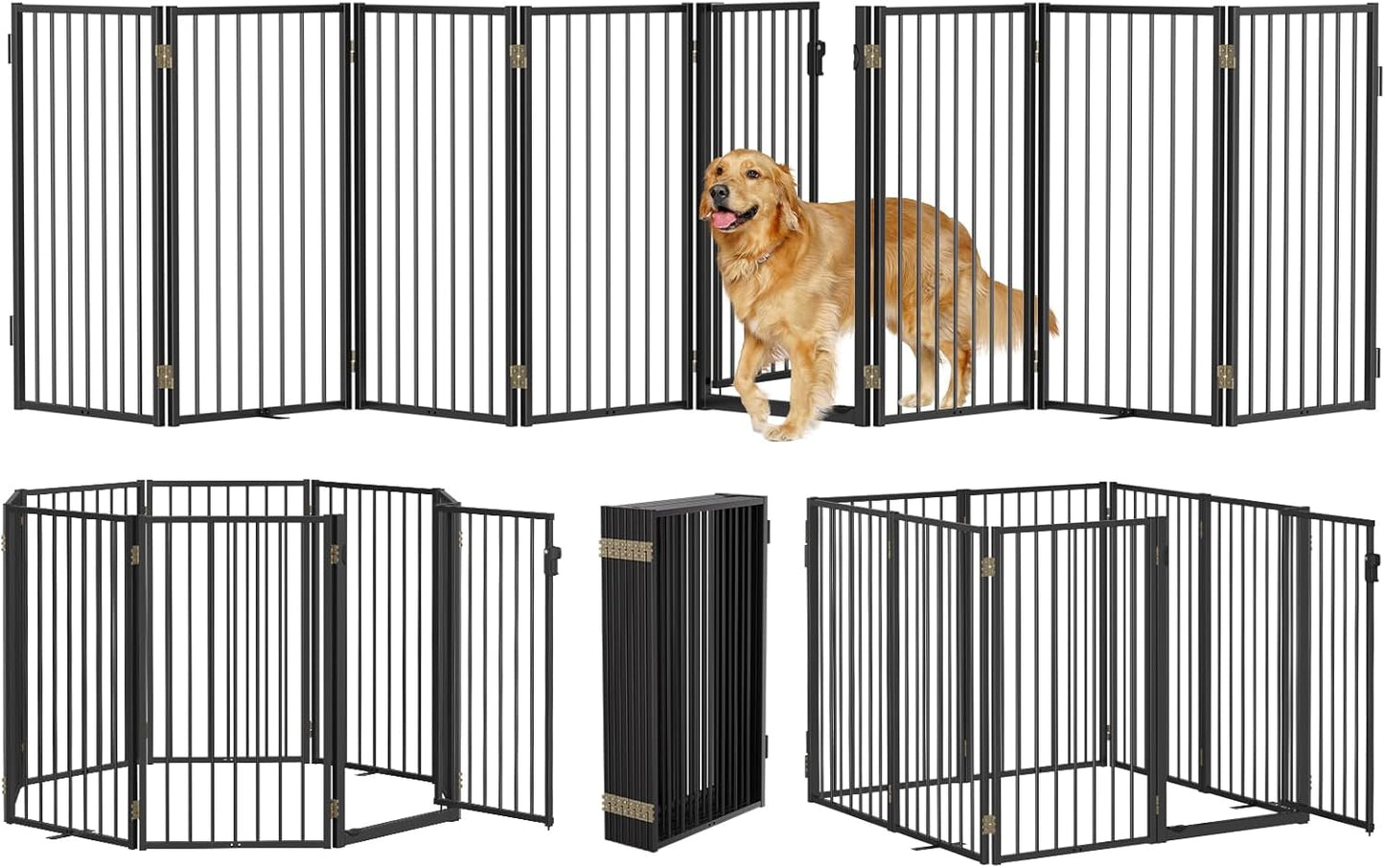Metal Freestanding Dog Gates with Door for Outdoor Indoor,80'' Extra Wide 32'' Tall Free Standing Dog Gate for Doorways,Large Openings,Deck,Yard,Foldable Safety Pet Fence(Black,4 Panels)