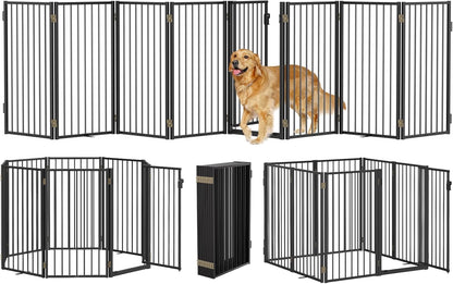Metal Freestanding Dog Gates with Door for Outdoor Indoor,80'' Extra Wide 32'' Tall Free Standing Dog Gate for Doorways,Large Openings,Deck,Yard,Foldable Safety Pet Fence(Black,4 Panels)