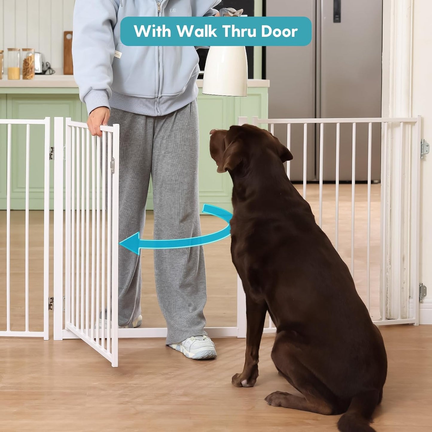No Pawblems Free Standing Dog Gate with Door, 30'' Tall Foldable Dog Fence for Indoor & Outdoor, Up to 78 Inch Extra Wide Puppy Gate for Stairs, Hallways, Doorways, Deck, Yard (Black, 3 Panels)