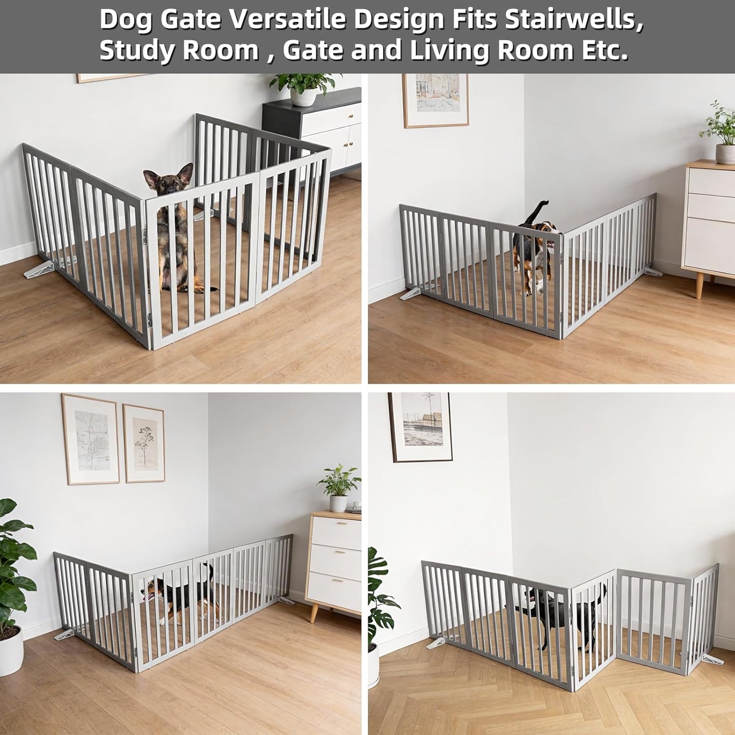 Dog Gate Indoor, Freestanding Dog Fence for The House, Doorways, Hallways,or Stairs,Pet Gate Foldable Wooden,Expandable 24" Height 3 Panels,White