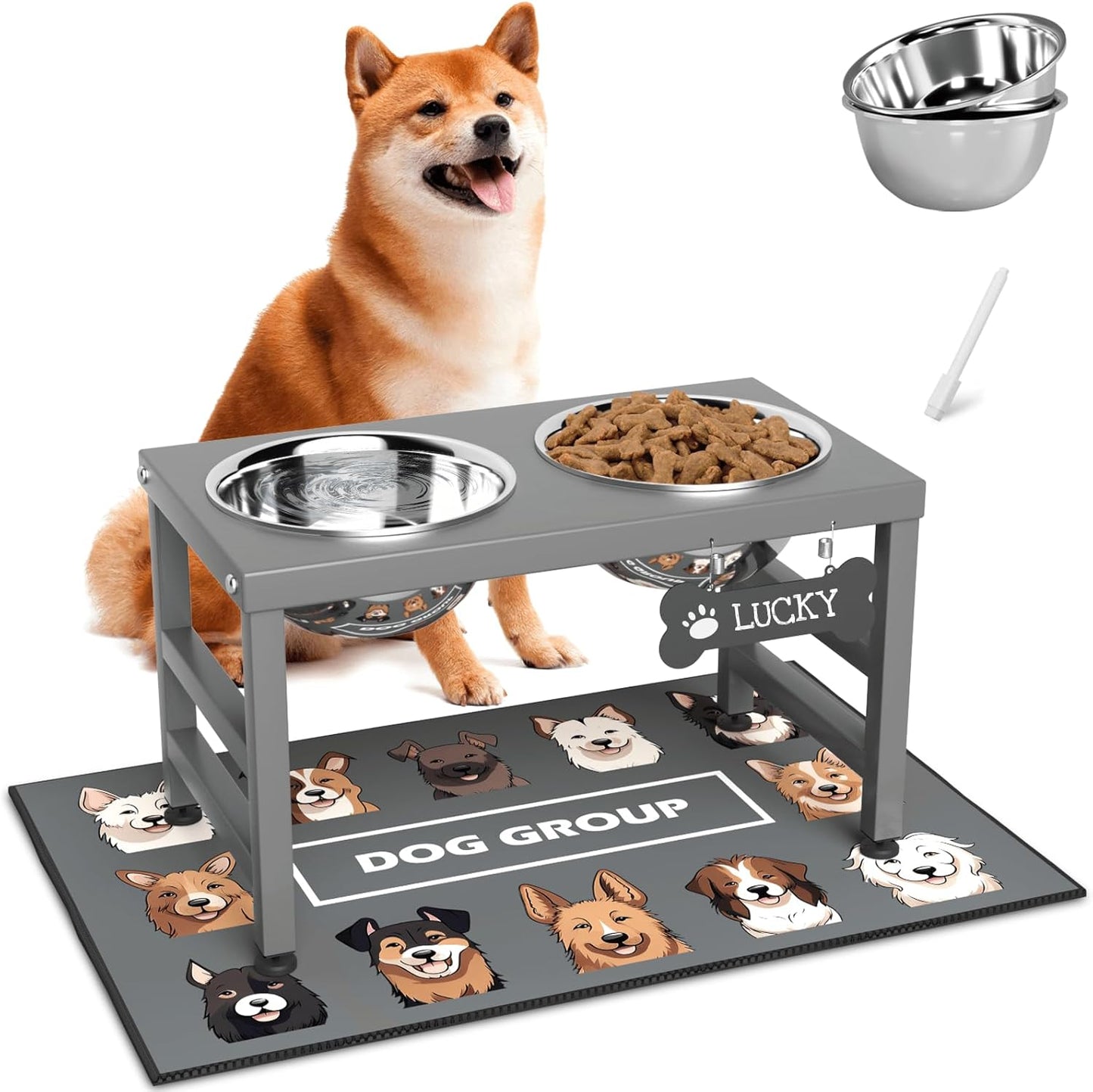 ADENGL Elevated Dog Bowls, 10" Tall Height, Raised Bowl Stand with 2 Stainless Steel Food Feeder Bowls (58oz) and Spill-Proof Mat for Medium Large and Small Breeds