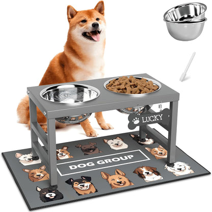 ADENGL Elevated Dog Bowls, 10" Tall Height, Raised Bowl Stand with 2 Stainless Steel Food Feeder Bowls (58oz) and Spill-Proof Mat for Medium Large and Small Breeds
