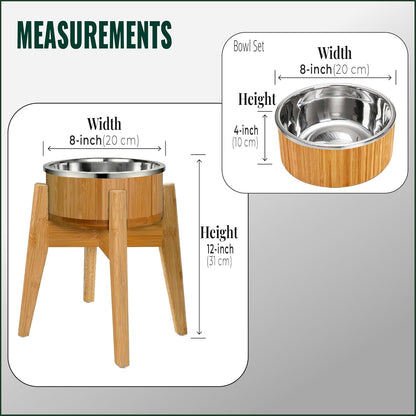 Elevated Slow Feeder Dog Bowls Large Breed - (12-inch-high) - Raised Bowl with Anti-Choking Insert - Stainless Metal and Bamboo